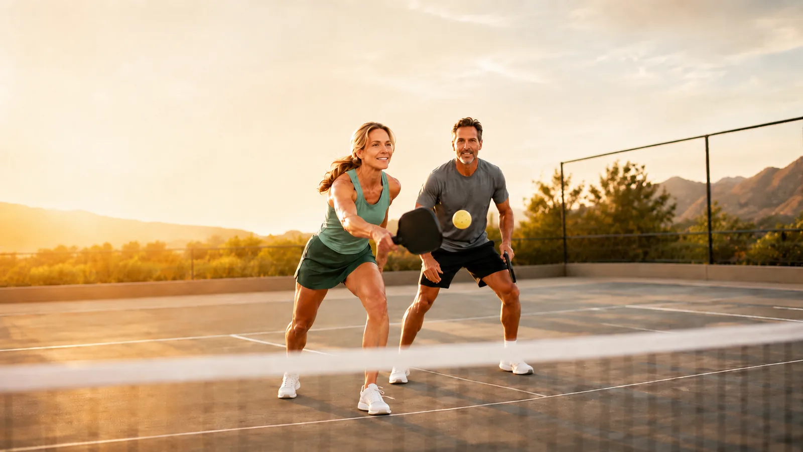 Active adults playing pickleball outdoors