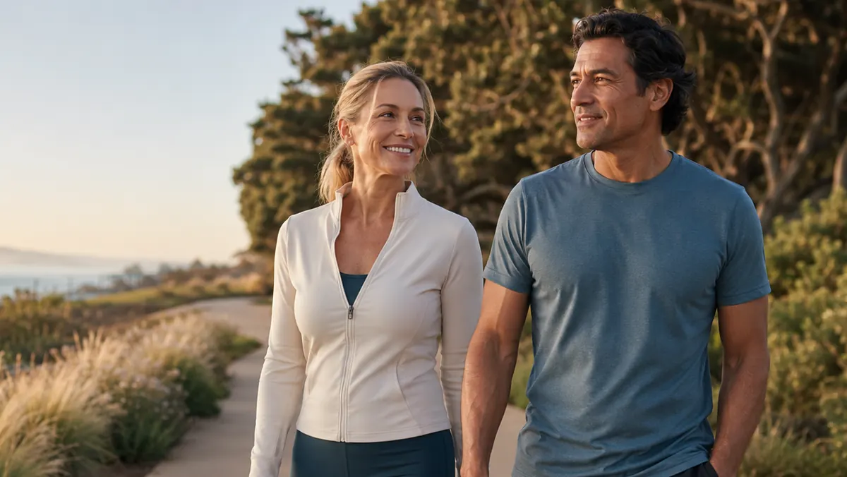 Couple walking outdoors on a coastal path
