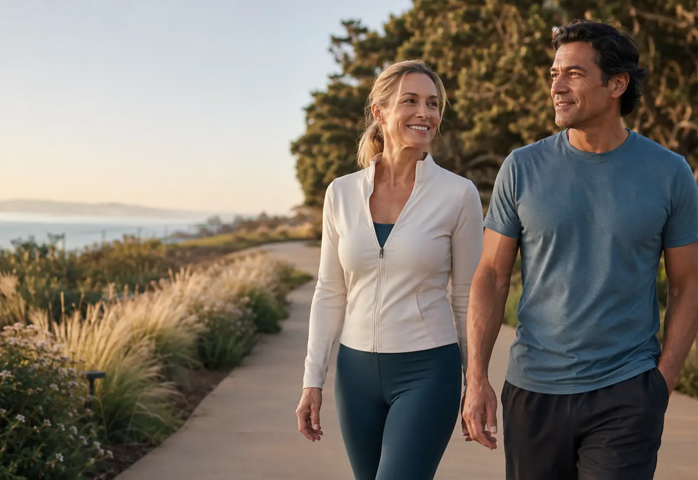 Couple walking outdoors on a coastal path