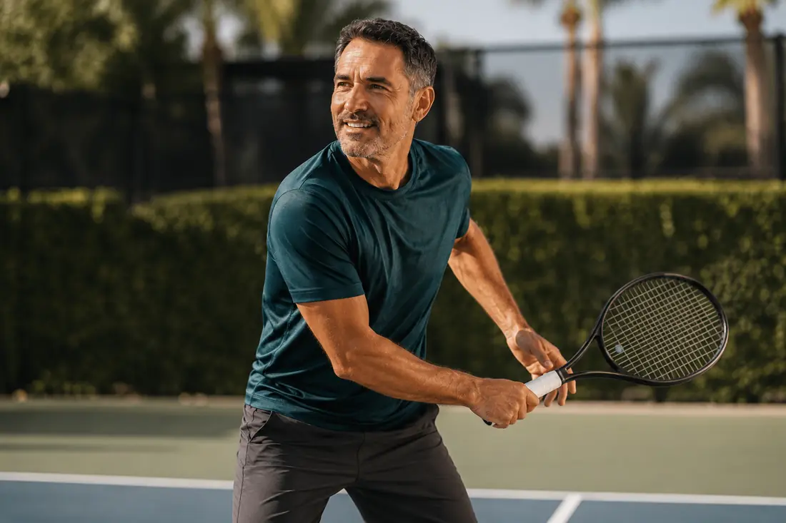 Active man playing tennis outdoors