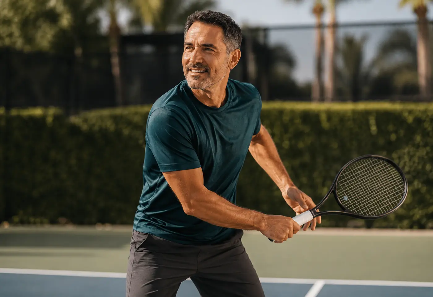 Active man playing tennis outdoors